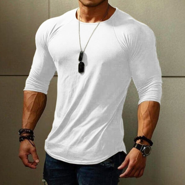 Mens Fashion Long Sleeve Crew Neck Sport T-Shirts Solid Color Gym Fitness Shirt Casual Slim Fit Breathable Cotton Workout Tops T Shirts Plus Size2