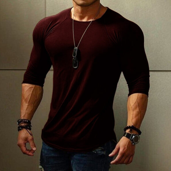 Mens Fashion Long Sleeve Crew Neck Sport T-Shirts Solid Color Gym Fitness Shirt Casual Slim Fit Breathable Cotton Workout Tops T Shirts Plus Size4
