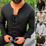 Medieval Shirt Lace-up Men Cotton Shirts Pirate Landlord Knight Tunic Casual Shirt1