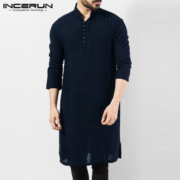 S-5XL 100% Cotton Solid Color Indian Style Medium Length Coat for Men Muslim Clothing Tops2