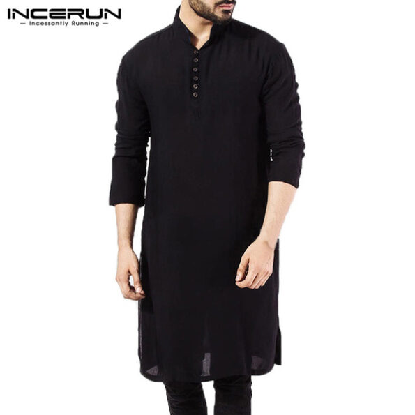 S-5XL 100% Cotton Solid Color Indian Style Medium Length Coat for Men Muslim Clothing Tops3